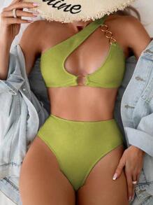Swim SXY Set Baju Renang Bikini Seksi Wanita Musim Panas untuk Pantai, Warna Polos, dan Potongan - Olive Green - View 5