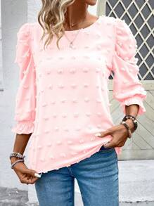 EMERY ROSE 女士圆领泡泡袖休闲宽松衬衫 - 粉色 - 查看 4