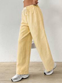 SHEIN EZwear 女士条纹亚麻低腰裤，简约时尚，适合夏季 - 黃色 - 查看 6