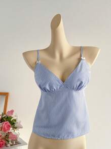 Elamini 蓝白条纹 V 领收腰蝴蝶结荷叶边吊带背心，女士休闲甜美假日旅行日常装，春夏 - 藍色 - 查看 3