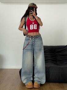 SHEIN Coolane Quần Jeans Ống Rộng Giặt Sạch Đi Chơi Đường Phố Mùa Hè Cho Nữ - Rửa nhẹ - Xem 3