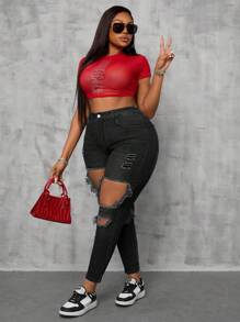 Slaydiva Plus Size Women Stretchy Blue Denim Ripped Skinny Jeans Women Spring Old Money - Black - View 5