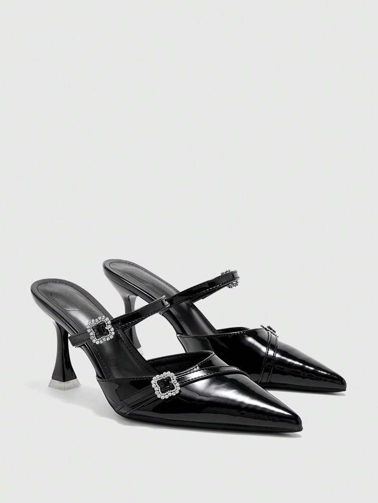 CUCCOO CURVES Plus Size Wide Fit Pointed Toe 9CM High Heel Sandals, Hollow Out Elegant Sexy Black Strap Rhinestone Buckle, Suitable For Daily, Work, Vacation, Summer