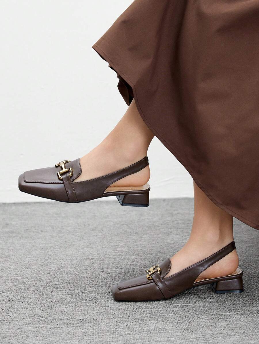 CUCCOO BIZCHIC Women's Square Toe Chunky Heel Metal Chain Strap Flats, Minimalist Style, Suitable For Vacation, Outing, Commuting, Casual Wear - Brown - View 1