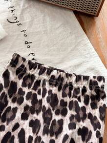 Set van 2 stuks voor baby's/peutermeisjes: T-shirt met luipaardprint en broek met uitlopende pijpen, casual, comfortabele en modieuze outfit voor babymeisjes om in de zomer te dragen