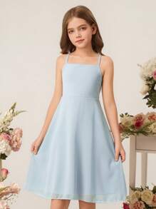 Elegant Simple & Fashion Sleeveless High Waist Mid-Length Blue Tone Casual Dress For Tween Girl, Summer Wedding Junior Bridesmaid Dress