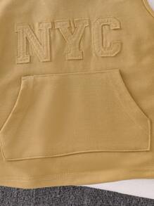 SHEIN 2 件套年轻男孩咖啡色连帽无袖背心和短裤休闲运动装，春夏 - 卡其色 - 查看 3