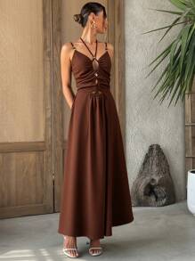 SHEIN VCAY Women's Long Dress,Coffee Brown,Summer,Casual,Vacation,Holiday,Spaghetti Strap,Sleeveless,Hollow Design,Fashionable,Music Festival,Modest Streetwear - Brown - View 3