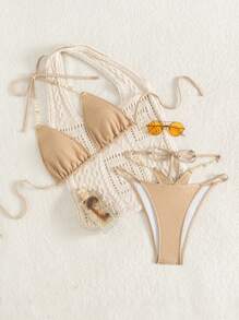 SHEIN Swim 女士海滩夏季比基尼套装，纯色挂脖露背上衣和高腰丁字裤 - 卡其色 - 查看 2