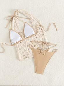 SHEIN Swim 女士海滩夏季比基尼套装，纯色挂脖露背上衣和高腰丁字裤 - 卡其色 - 查看 6
