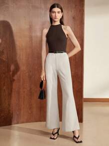 BizChic 女士秋季针织上衣，圆领，荷叶边领口设计，竖条纹罗纹图案，浪漫优雅，百搭，适合商务休闲、办公穿着、宾客着装等场合。 - 棕色 - 查看 5