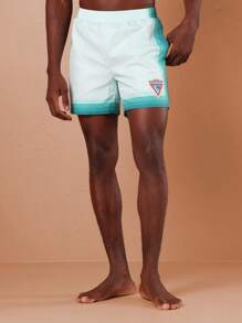 SUMWON 夏季沙滩泳裤运动休闲沙滩短裤弹力腰带透气游泳短裤水蓝色渐变运动户外泳池冲浪度假 - 綠色 - 查看 4