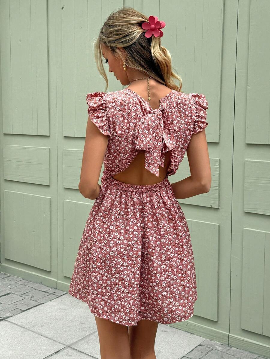 SHEIN Frenchy Váy ngắn cho nữ, cổ tròn có tay bay nhỏ, hở lưng có nơ, họa tiết hoa, dáng chữ A ôm eo, trang phục mùa hè cho nữ, thích hợp mặc hàng ngày - Nhiều màu - Xem 1