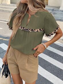 SHEIN Frenchy Women's Leopard Print Cutout Collar Summer Casual Short Sleeve Shirt Cheetah Green Christmas - Green - View 5