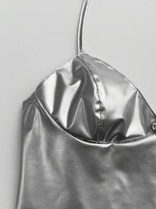 EgrlEra 女士性感 PU 皮革吊带背心上衣，带金属扣和露背领口 Y2K 圣诞节派对礼服 - 銀色 - 查看 4