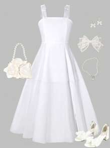 Vestido tubo de encaje blanco elegante y lindo con tirantes finos para niñas preadolescentes para uso diario, combinados con atuendos a juego entre madre e hija (2 piezas vendidas por separado)