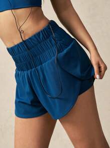 VARSITIE Women's Blue Ruched Knitted Fabric Workout Shorts: Comfortable And Stylish Activewear For Your Fitness Routine