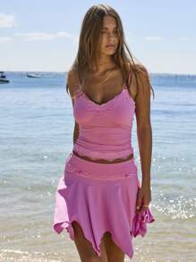 Aralina 平纹蕾丝边蝴蝶结吊带修身性感吊带背心 - 玫紅色 - 查看 6