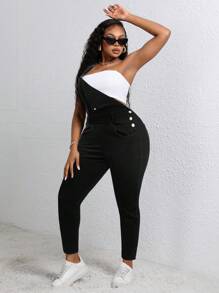 SHEIN CURVE+ 大码女式秋季牛仔背带裤，紧身黑色牛仔连体裤 - 黑色 - 查看 4