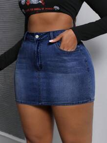 Slaydiva Plus Size Summer Denim Skirt With Button Front And Side Pockets - Dark Wash - View 3