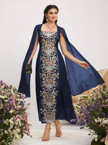 Al Najma Women's Floral Print Patchwork Ruffled Elegant Arabic Style Dress - Navy Blue - View 3