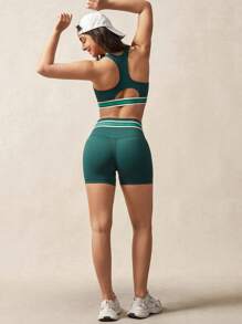 VARSIVA 对比色条纹下摆绿色紧身运动胸罩 - 墨綠色 - 查看 2