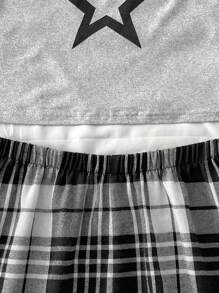 SHEIN Conjunto de Pijama em 2 peças de Regata com Estampa de Estrelas Minimalista e Shorts Xadrez para Adolescentes, Roupa de Descanso Casual e Confortável