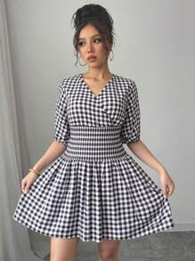 Chiquease Vestido corto negro y blanco con estampado de cuadros con mangas de linterna y cintura ajustada para mujeres - Blanco y Negro - Ver 3
