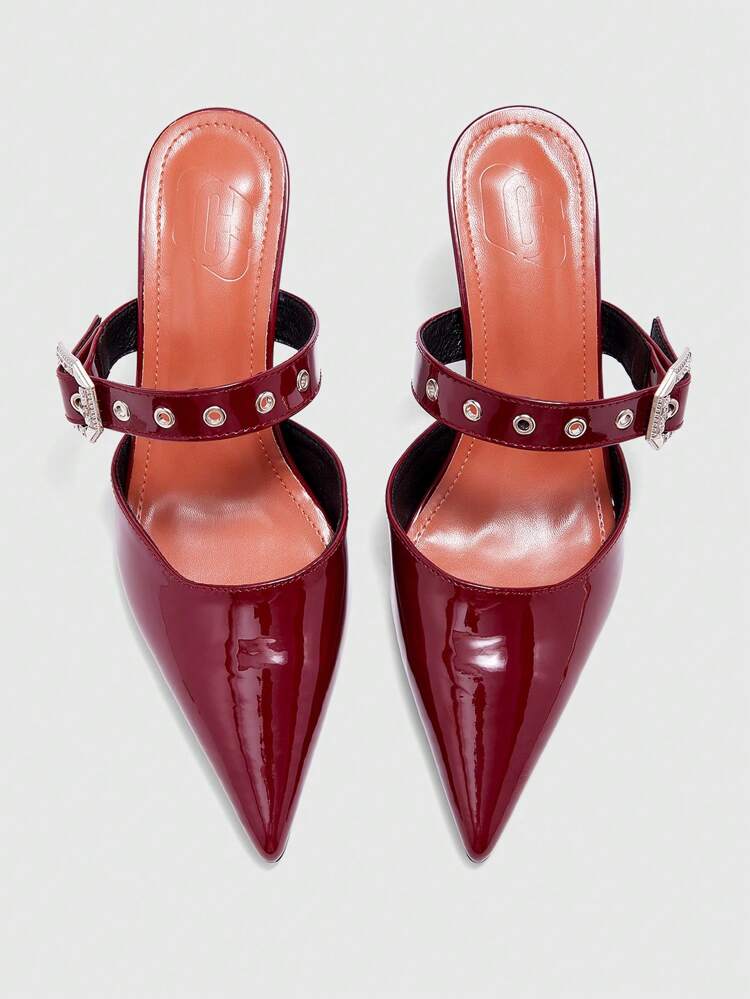 CUCCOO CURVES ワイドフィット ハイヒール 9cm オープントゥ ワインレッド ファッショナブル エレガント リベット装飾サンダル、仕事や夏のデイリーウェアに適しています