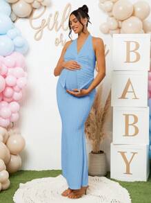 Loomaby 2pcs/Set Maternity Dress For Gender Reveal & Baby Shower Party - Blue - View 4