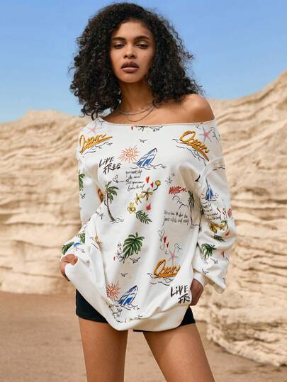Easelle Summer Vacation Printed Knit Off Shoulder Sweatshirt, Minimalist & Fashionable, Suitable For Music Festival