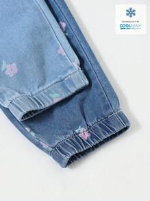 Set de 2 piezas de jeans de cintura elástica con volantes y estampado floral para niña bebé - Multicolor - Ver 4