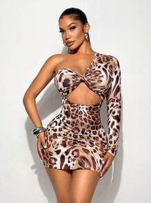 Sirith Leopard Print One Shoulder Cut-Out Twist Sexy Mini Dress Fall Cloth For Women - Multicolor - View 1