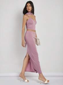 COSMINA Women's Simple Cropped Camisole Top And Split Hem Skirt 2 Pieces Set, Summer - Dusty Pink - View 6