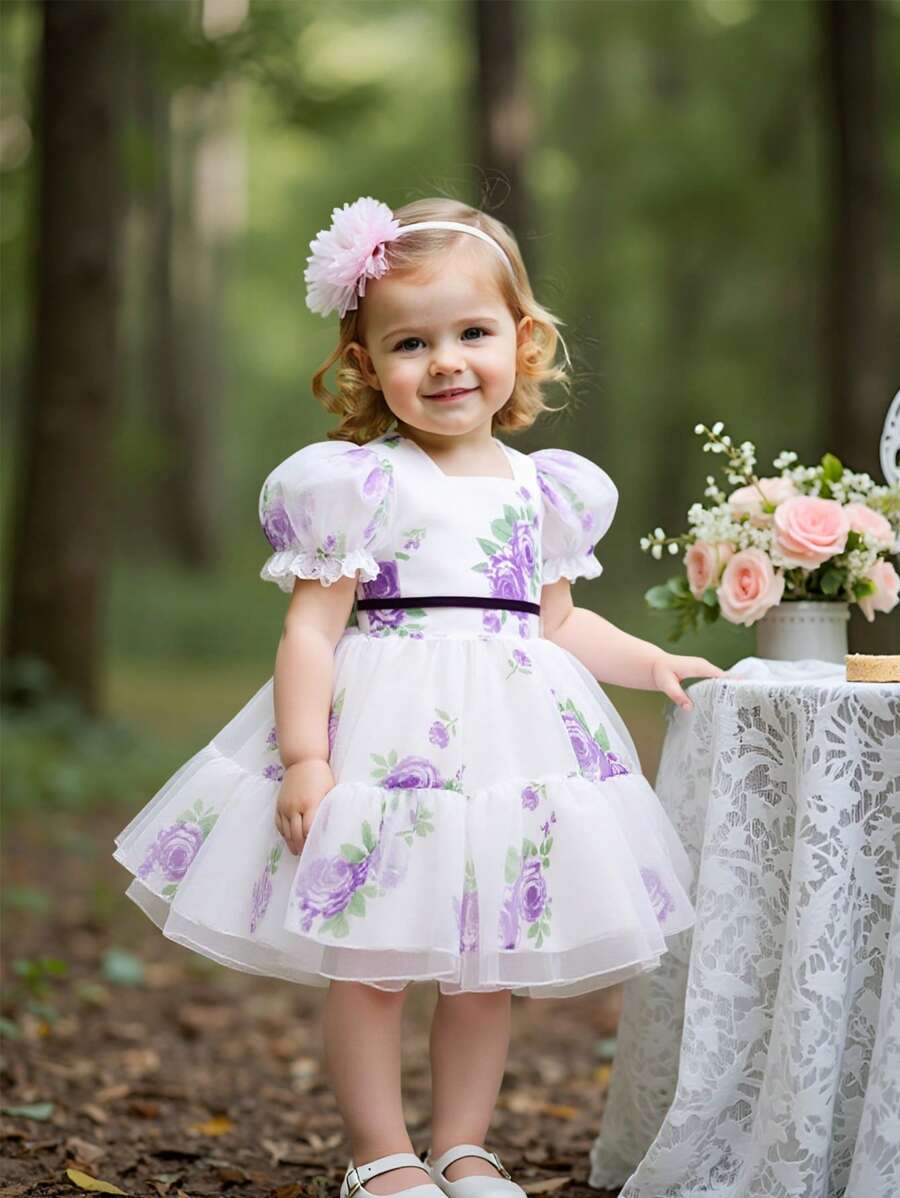 SHEIN Glamorique Kids Baby Girls' Organza Print Dress Purple Short Sleeve Puff Skirt, Children Easter Party Dress Chiffon Satin Flower Infant Princess Gown, Elegant Occasion Baby Girl Dresses Princess Baby Dress Baby Elegant Dress Party Dress For Baby