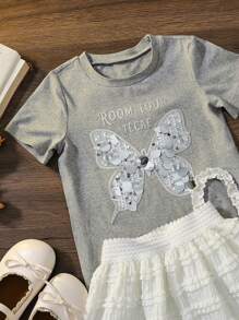2pcs/Set Girls Casual Fashionable Butterfly Sequin Decor Short Sleeve T-Shirt Top And Ruffle Hem Cake Skirt, Summer