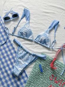 SHEIN Bộ 2 món/Bộ đồ bơi bikini họa tiết hoa thời trang mùa hè cho nữ - Màu xanh lam - Xem 1