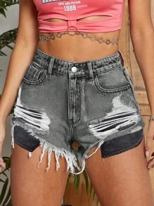 SHEIN Essnce Shorts in jeans casual da donna con orlo sfrangiato