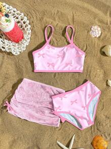 年轻女孩泳衣套装，可爱比基尼套装，运动分体泳衣 - 淺粉色 - 查看 1