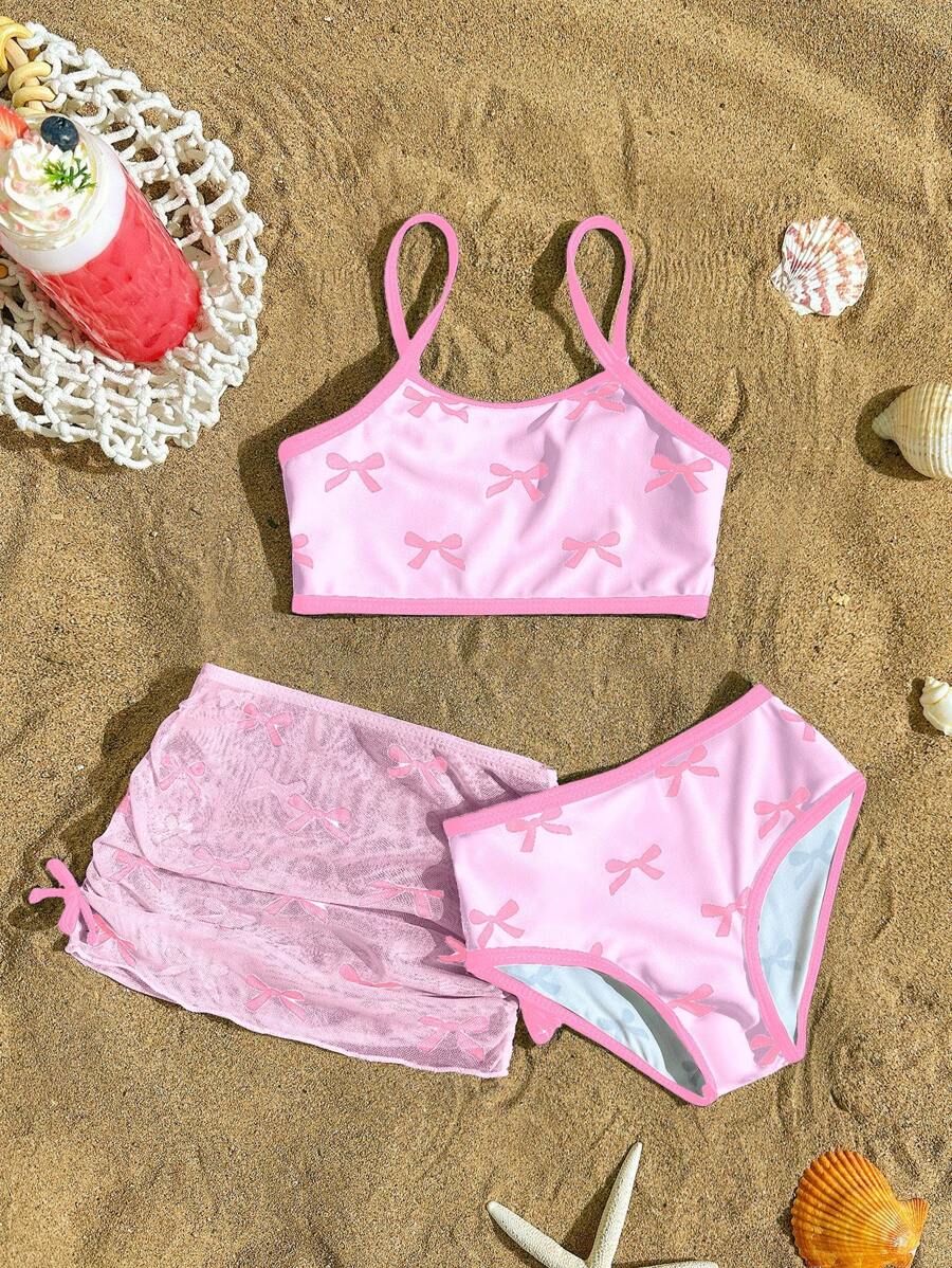 年轻女孩泳衣套装，可爱比基尼套装，运动分体泳衣 - 淺粉色 - 查看 1