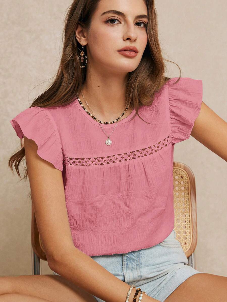 Poéselle 夏季度假婚礼季，精美的荷叶边纯色衬衫，夏季，可爱的上衣，优雅浪漫，波西米亚风，休闲风格，必备，夏季，婚礼季