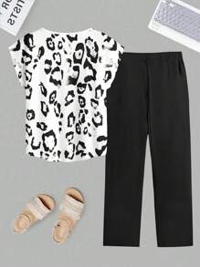 Plus Size Leopard Print Batwing Sleeve Top & Solid Color Pants Two Pieces Set