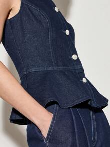 AiiRZ Top con chaleco de mezclilla con volante sin mangas, con botones delanteros, índigo crudo, con estructura ajustada, prenda de trabajo profesional, pieza de declaración de moda para primavera y verano - Azul - Ver 6