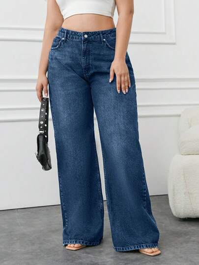 EURMUSE 100 % bomull plus size jeans med vida ben, moderiktiga för sommaren