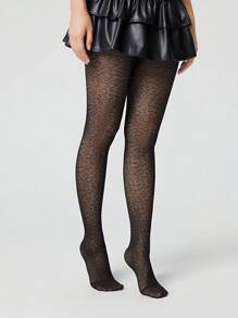 ROMWE Goth 1 Pair Women All-Season Maillard Leopard Print Tights - Black - View 6