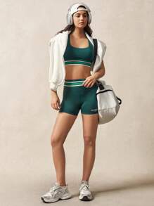 VARSIVA 对比色条纹下摆绿色紧身运动胸罩 - 墨綠色 - 查看 5