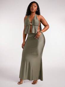 SHEIN SXY Plus Size Women 2pcs Set Summer Vacation, Metal Shell Clasp Decorative Halter Sexy Open Back Top & Fish Tail Maxi Skirt 2 Pieces Set, Suitable For Everyday Wear, Music Festival, Concert, Carnival Party, Beach Vacation, Date Night, Birthday, Bachelorette Party Outfit, Club, Cute, Casual, Shopping, Streetwear, Going Out, Easy To Match & Looks Slim, Accent Your Body, Flatter The Figure - Green - View 6