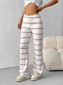 SHEIN EZwear 女式休闲条纹抽绳腰裤 - 藕粉色 - 查看 4