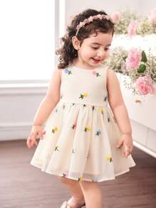 Babygirl Cute & Elegant Apricot Floral Print Organza Dress - Multicolor - View 2