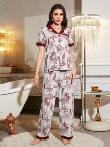 拼色泡泡皱女士森林动物印花睡衣套装 - 紅色 - 查看 4